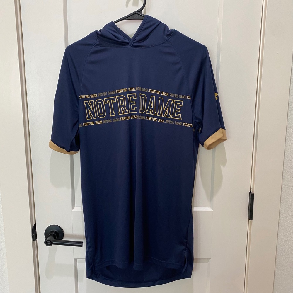 Under Armour Notre Dame Fighting Irish Short Sleeve Hoodie Navy Gold Mens Medium